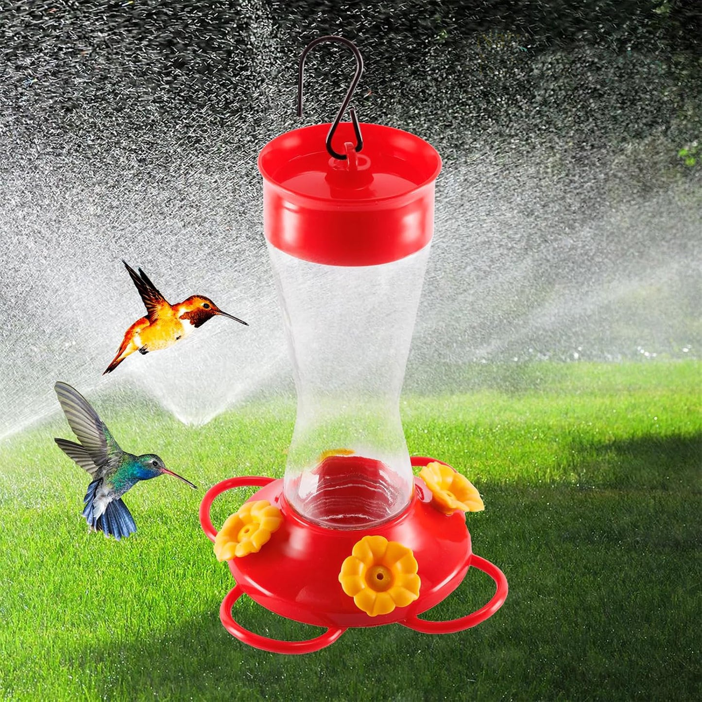 Bird Feeder 4 bee Guard Plastic Yellow Flowers Feeding Port 8oz Glass Pinch Waist Hummingbird Feeder (1Pcs) - e901108