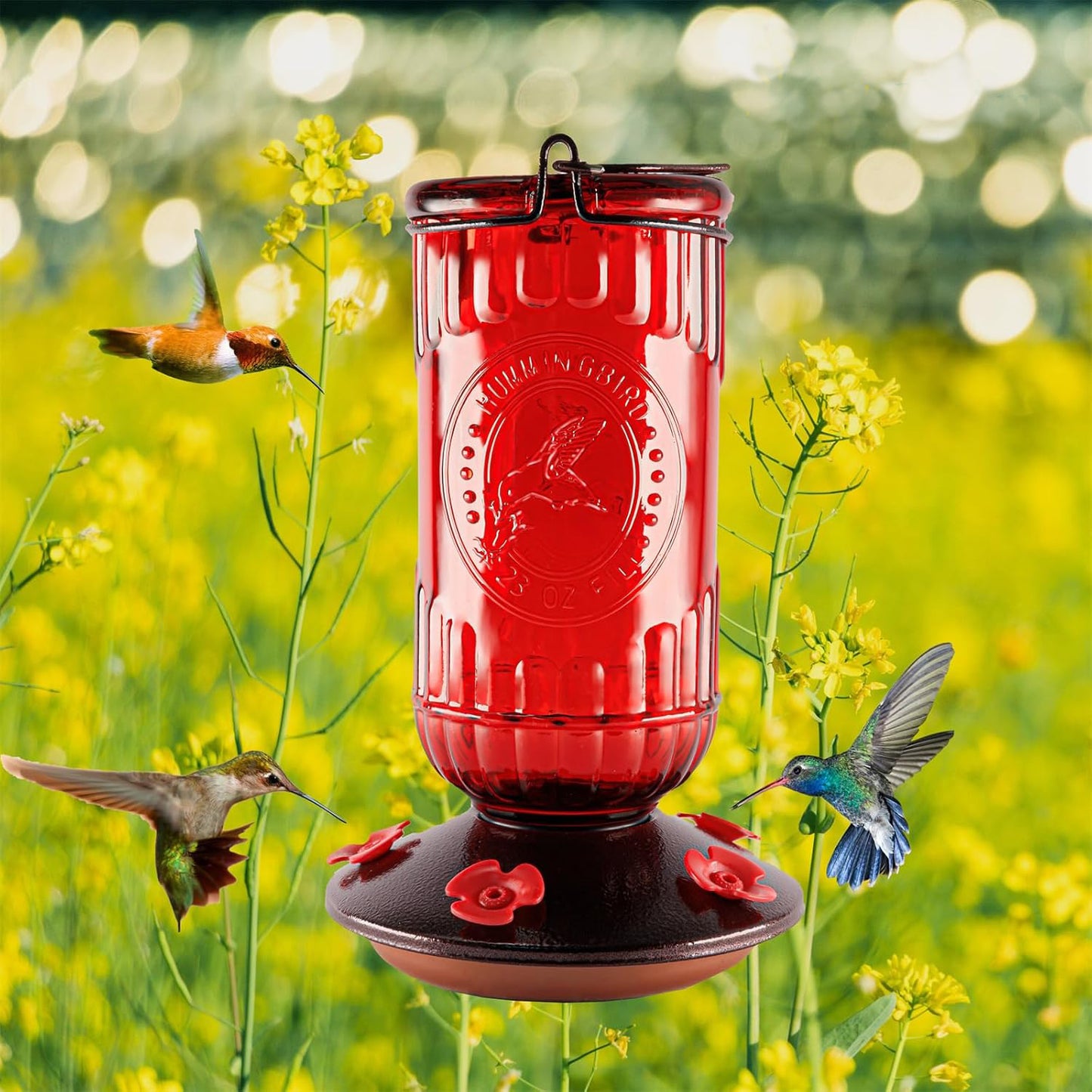 Bird Feeder Vintage Red Antique Glass Bottle Hummingbird Feeder 5 Feeding Ports and 23-Ounce Nectar Capacity Per Feeder - e901125