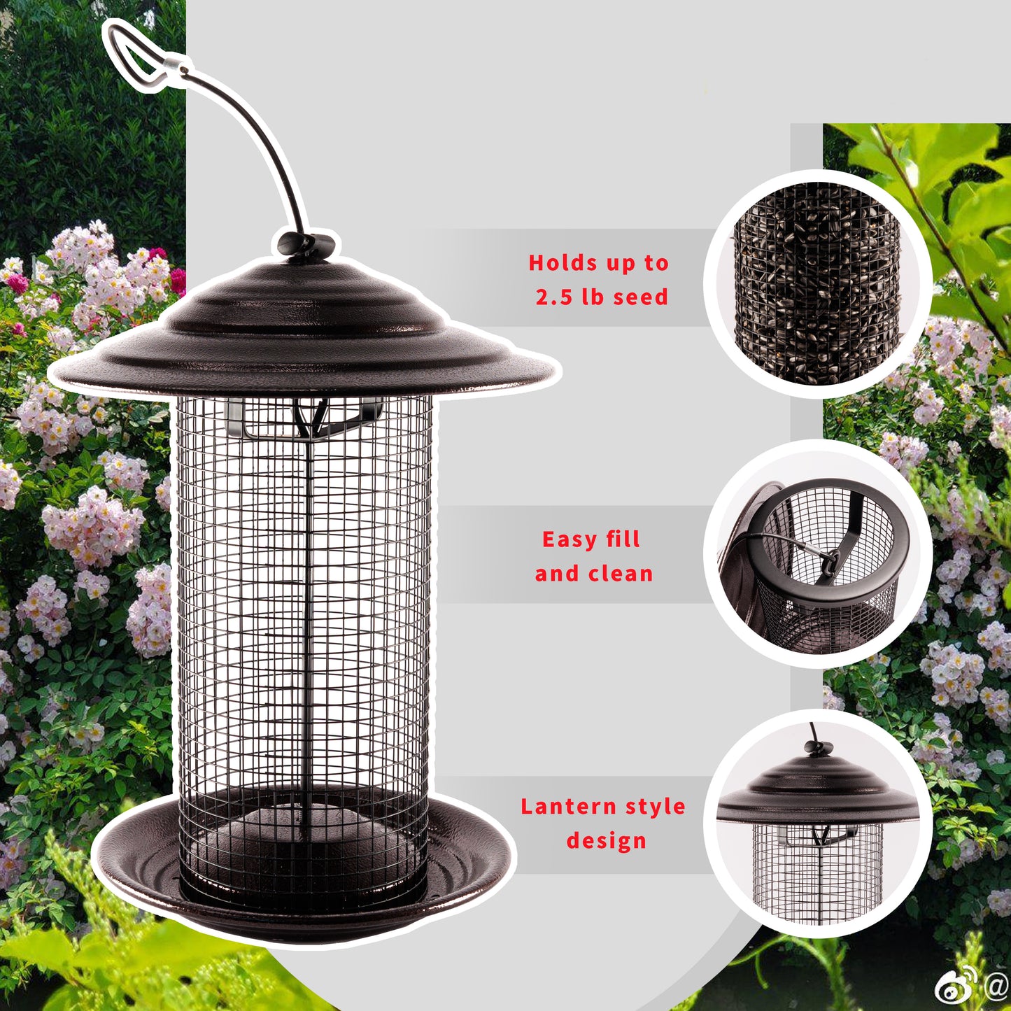 Metal Mesh Bird Feeder, Cylindrical Feeder with Dome Lid, Holds 2.5lb of Seed, Suitable for Multiple Seeds and Birds