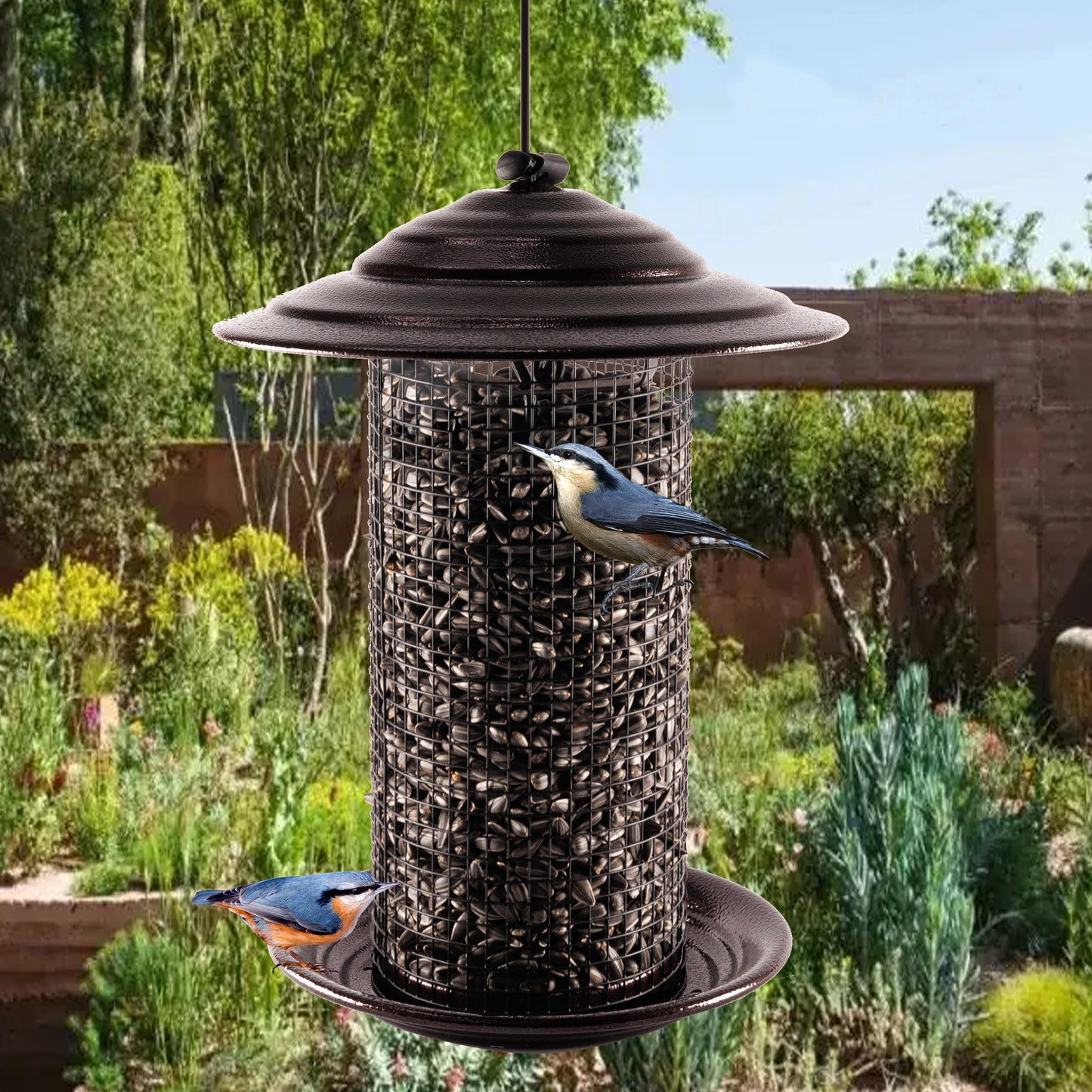Metal Mesh Bird Feeder, Cylindrical Feeder with Dome Lid, Holds 2.5lb of Seed, Suitable for Multiple Seeds and Birds