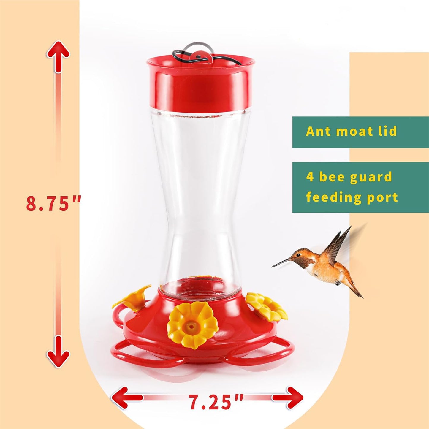 Bird Feeder 4 bee Guard Plastic Yellow Flowers Feeding Port 8oz Glass Pinch Waist Hummingbird Feeder (1Pcs) - e901108
