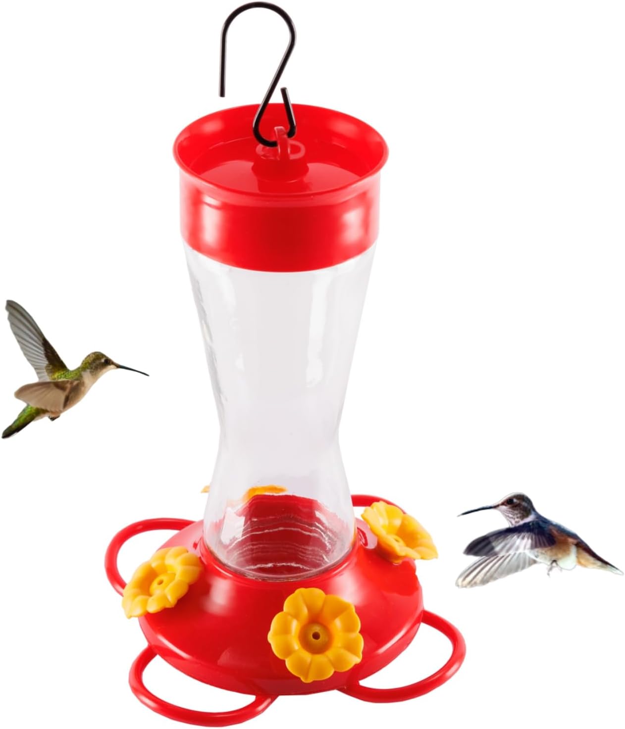 Bird Feeder 4 bee Guard Plastic Yellow Flowers Feeding Port 8oz Glass Pinch Waist Hummingbird Feeder (1Pcs) - e901108