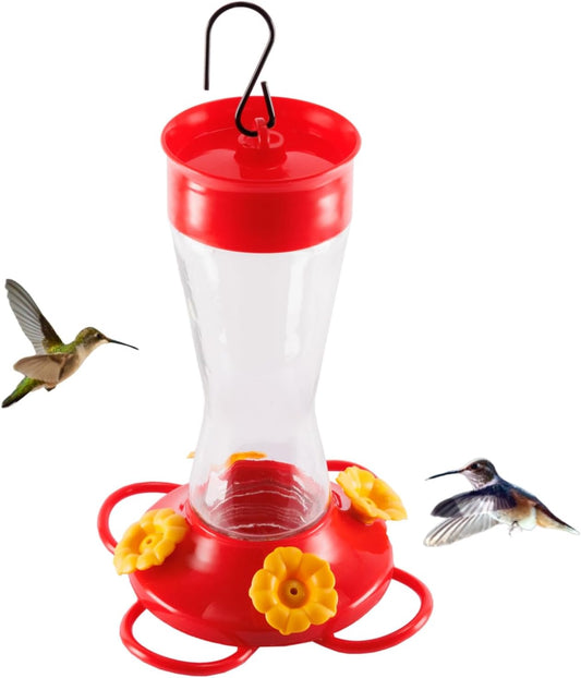 Bird Feeder 4 bee Guard Plastic Yellow Flowers Feeding Port 8oz Glass Pinch Waist Hummingbird Feeder (1Pcs) - e901108