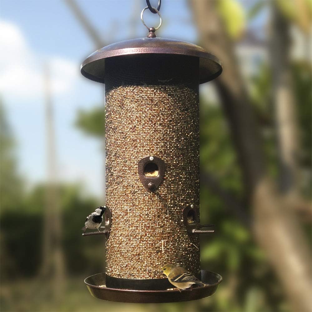 Metal Hopper Bird Feeder, Dual Seed Compartments, 10 Feeding Ports, Holds 10lbs Seed, Attracts Cardinals, Titmice, Nuthatches - e904510