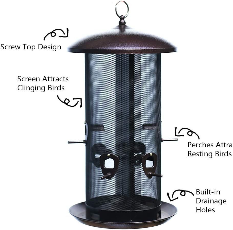 Metal Hopper Bird Feeder, Dual Seed Compartments, 10 Feeding Ports, Holds 10lbs Seed, Attracts Cardinals, Titmice, Nuthatches - e904510