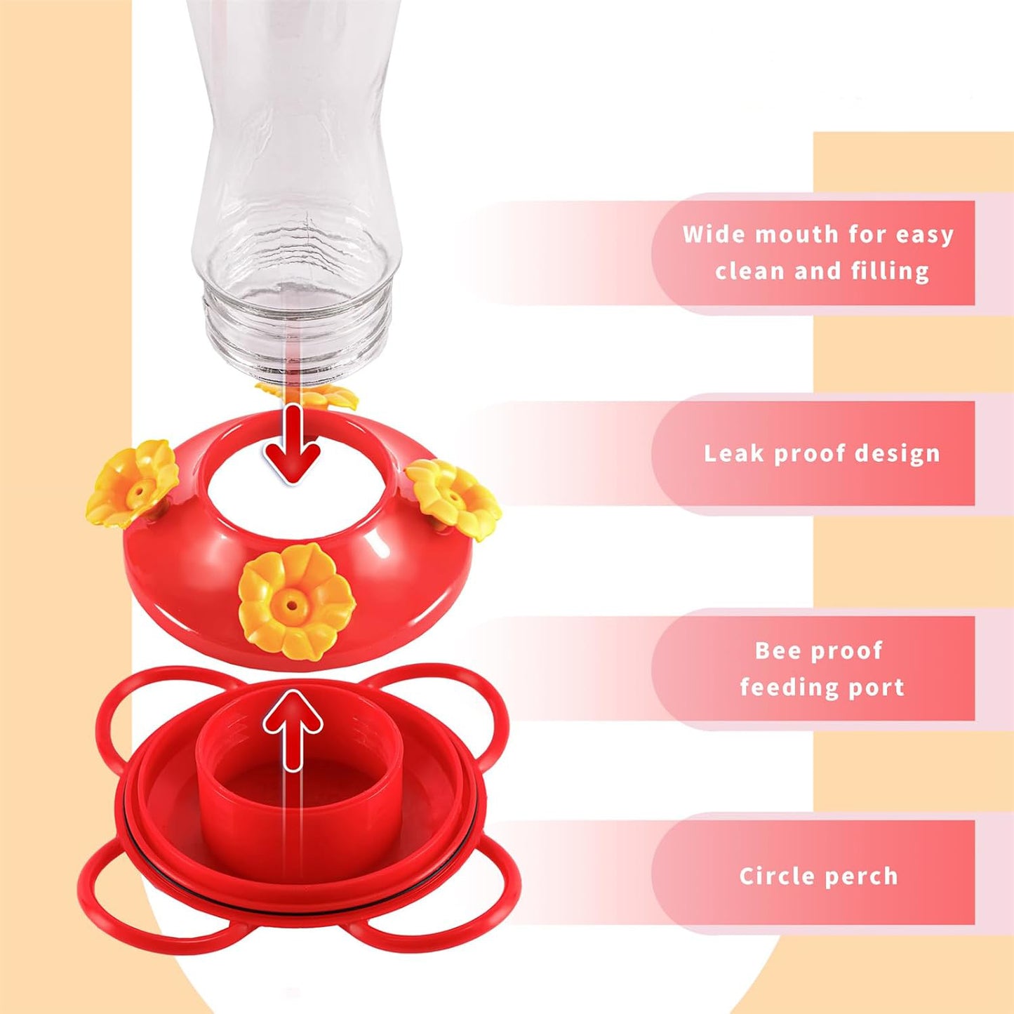 Bird Feeder 4 bee Guard Plastic Yellow Flowers Feeding Port 8oz Glass Pinch Waist Hummingbird Feeder (1Pcs) - e901108