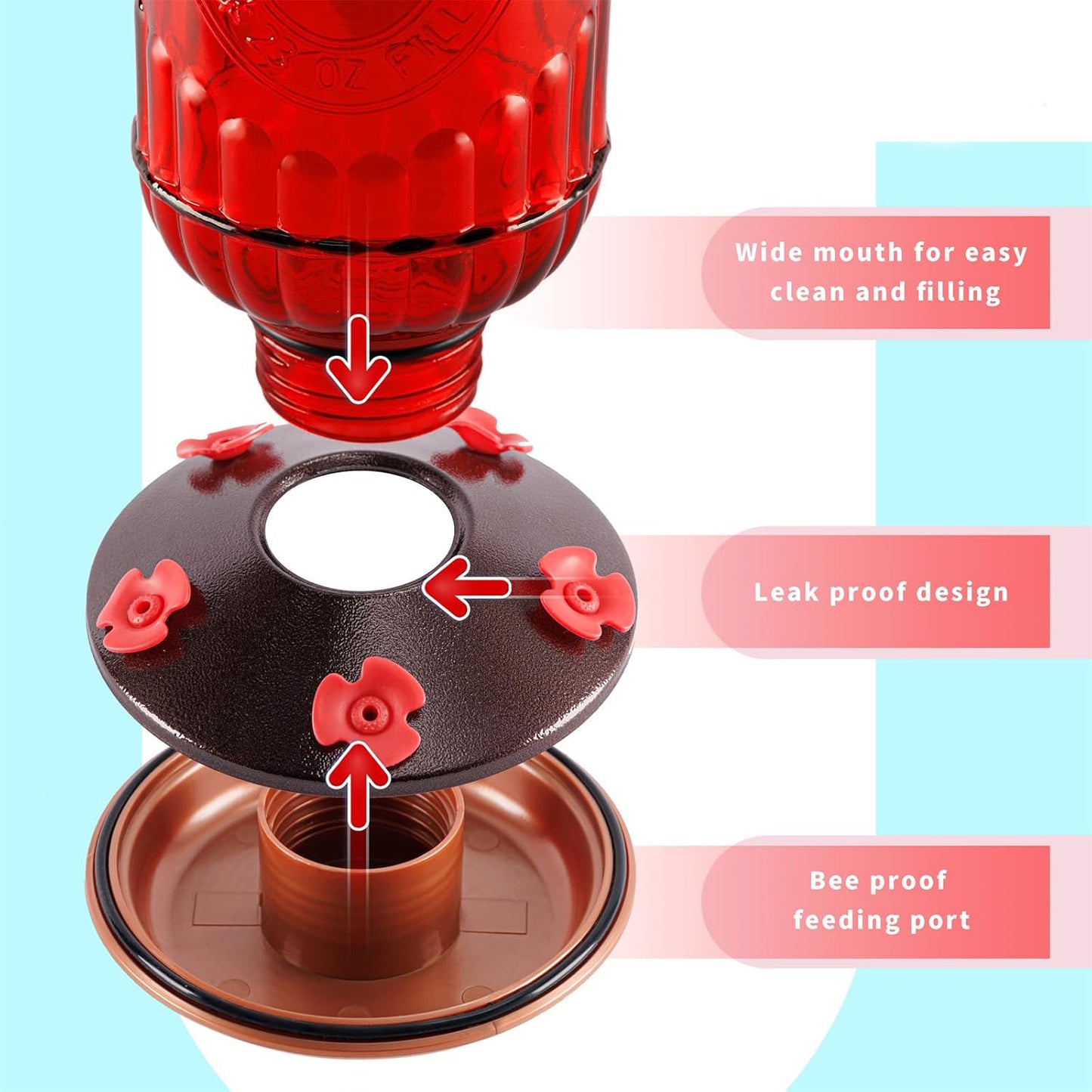 Bird Feeder Vintage Red Antique Glass Bottle Hummingbird Feeder 5 Feeding Ports and 23-Ounce Nectar Capacity Per Feeder - e901125