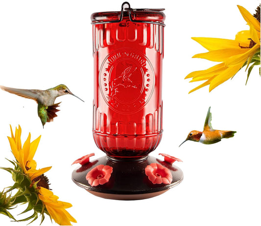 Bird Feeder Vintage Red Antique Glass Bottle Hummingbird Feeder 5 Feeding Ports and 23-Ounce Nectar Capacity Per Feeder - e901125