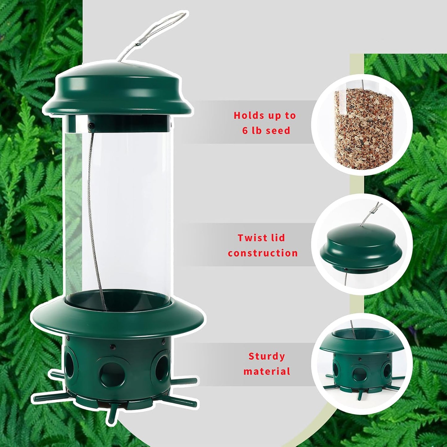 Hanging Classic Tube Wild Bird Feeder Premium Hard Plastic Steel Hanger Weatherproof and Water Resistant -e904515
