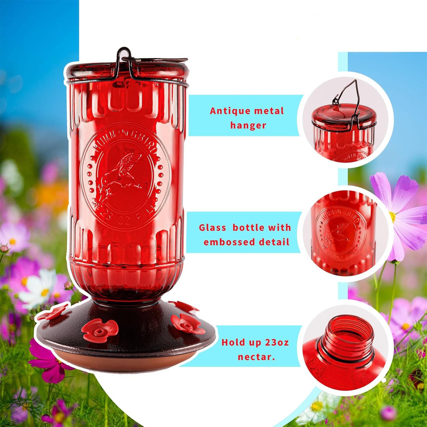 Bird Feeder Vintage Red Antique Glass Bottle Hummingbird Feeder 5 Feeding Ports and 23-Ounce Nectar Capacity Per Feeder - e901125