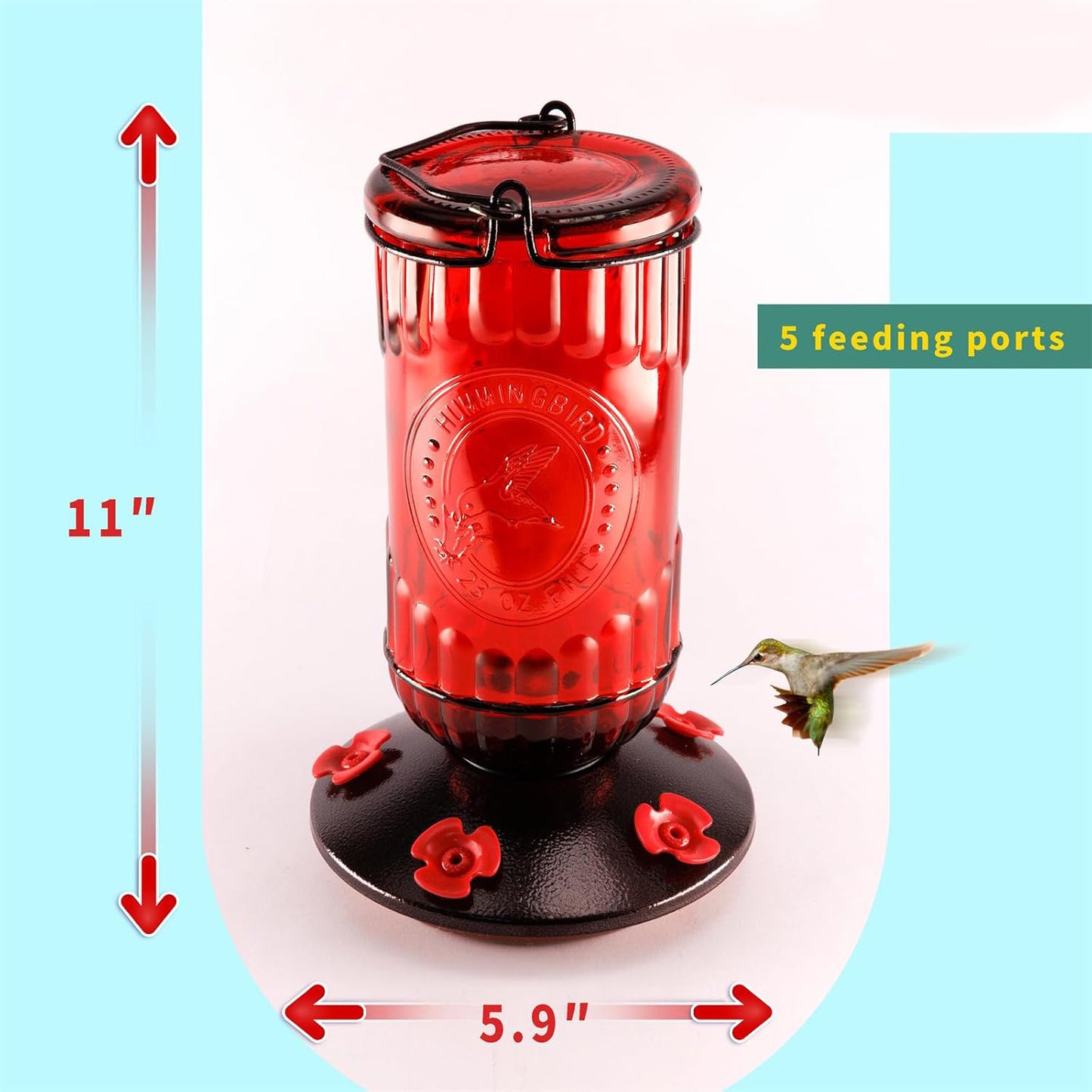 Bird Feeder Vintage Red Antique Glass Bottle Hummingbird Feeder 5 Feeding Ports and 23-Ounce Nectar Capacity Per Feeder - e901125