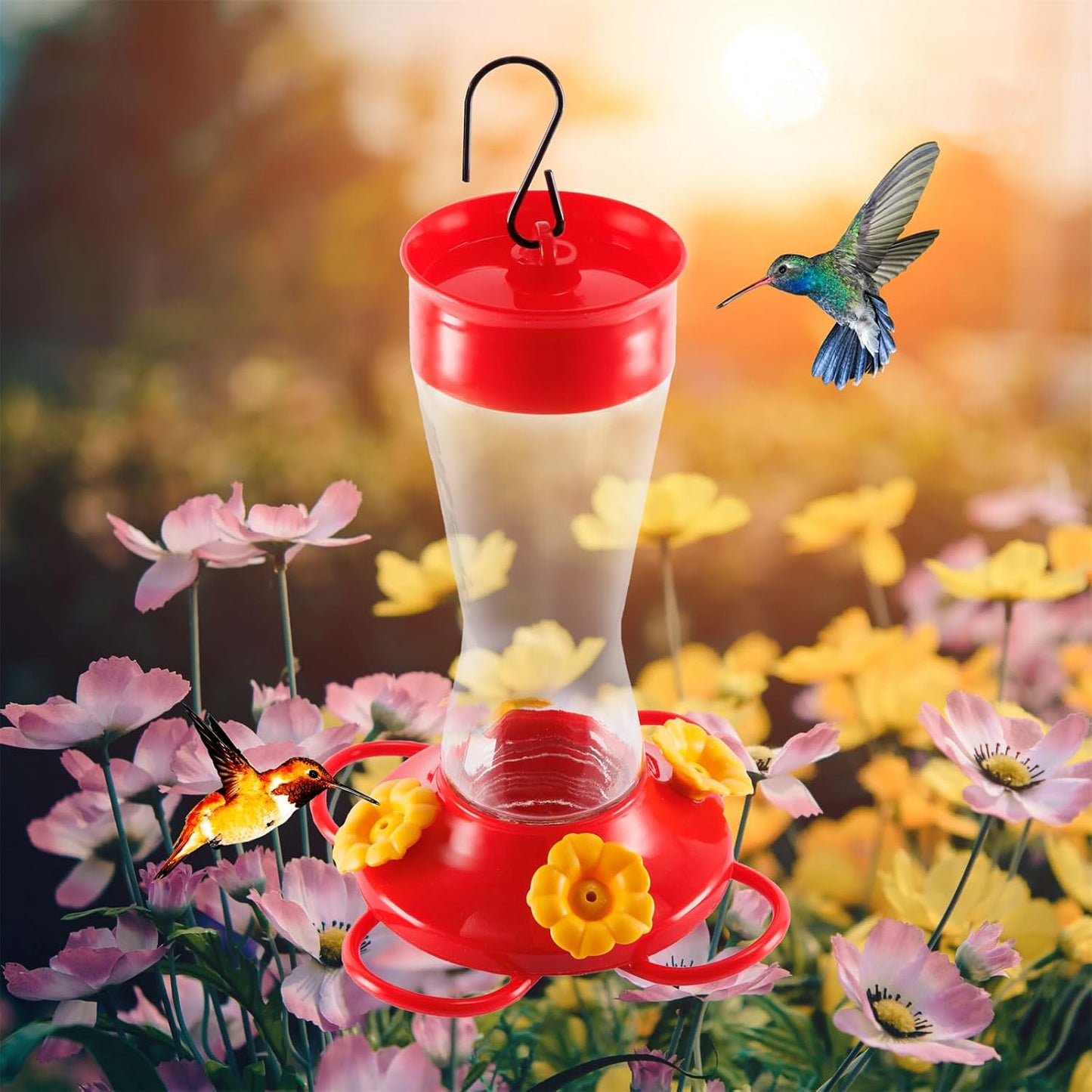 Bird Feeder 4 bee Guard Plastic Yellow Flowers Feeding Port 8oz Glass Pinch Waist Hummingbird Feeder (1Pcs) - e901108