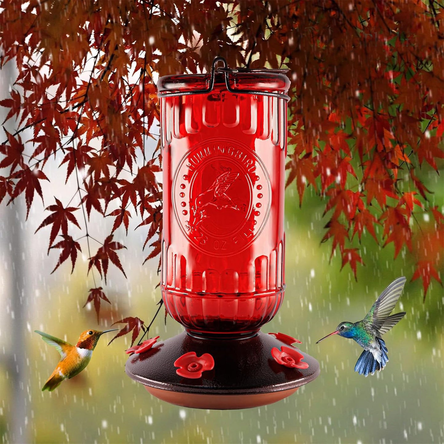 Bird Feeder Vintage Red Antique Glass Bottle Hummingbird Feeder 5 Feeding Ports and 23-Ounce Nectar Capacity Per Feeder - e901125