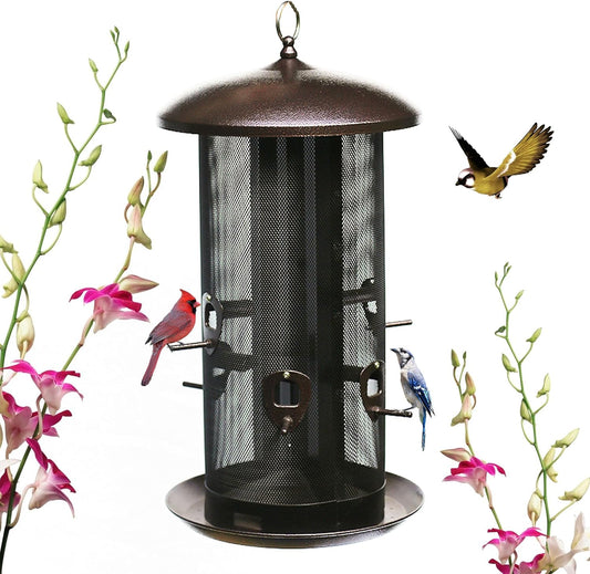 Metal Hopper Bird Feeder, Dual Seed Compartments, 10 Feeding Ports, Holds 10lbs Seed, Attracts Cardinals, Titmice, Nuthatches - e904510