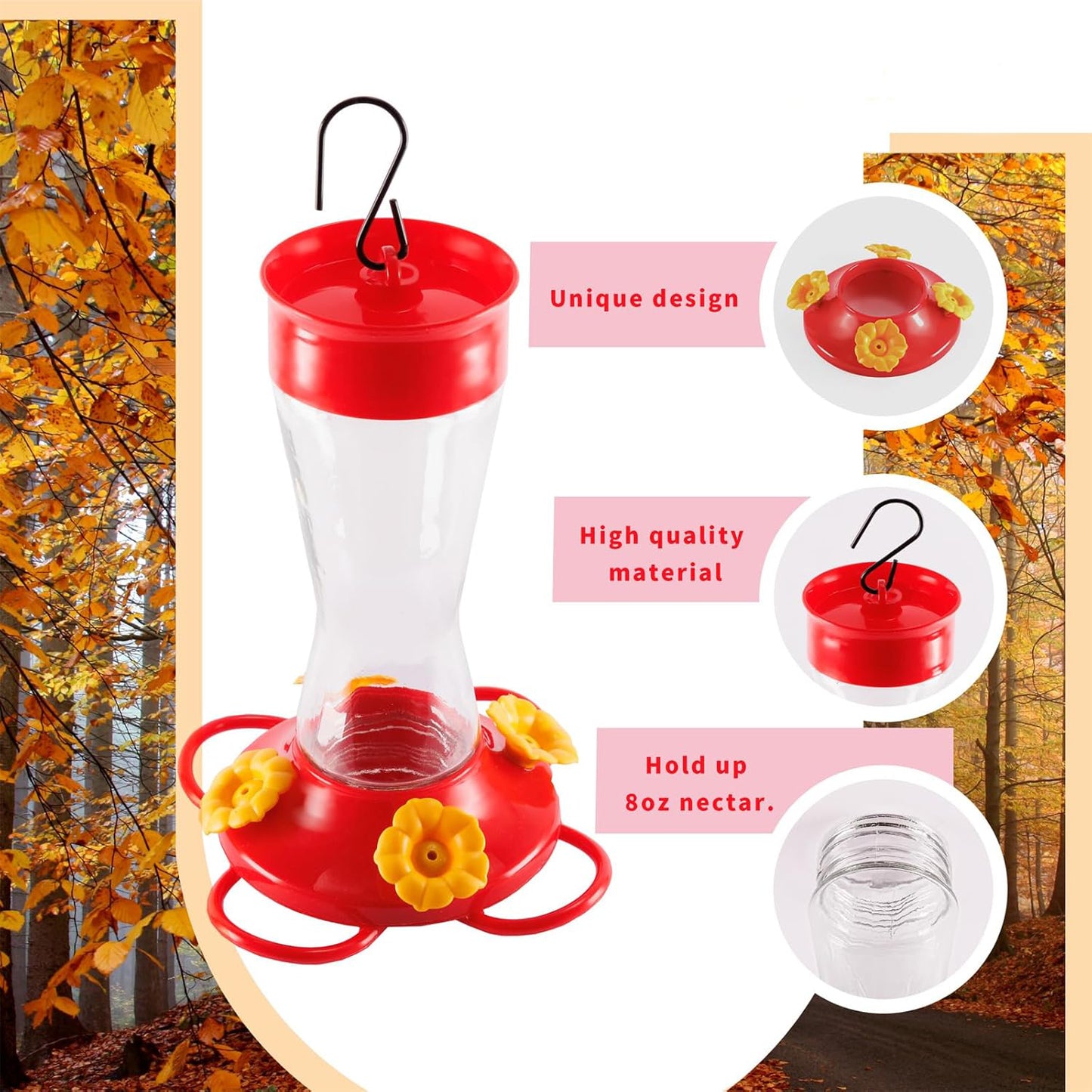 Bird Feeder 4 bee Guard Plastic Yellow Flowers Feeding Port 8oz Glass Pinch Waist Hummingbird Feeder (1Pcs) - e901108